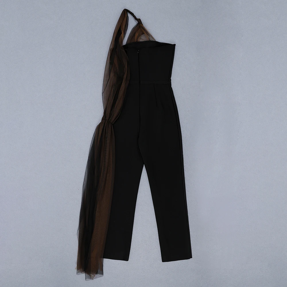 High Quality Black One Shoulder Long Mesh Jumpsuit Rayon Bandage Jumpsuit