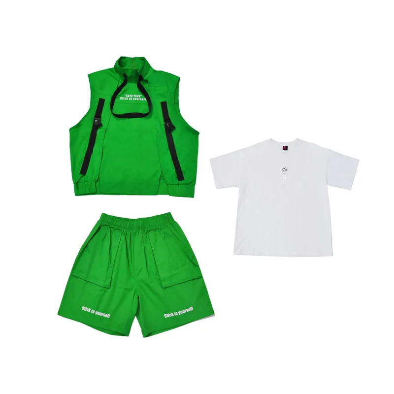 Костюмы в стиле хип-хоп для детей Одежда танцев на сцене зеленый жилет шорты