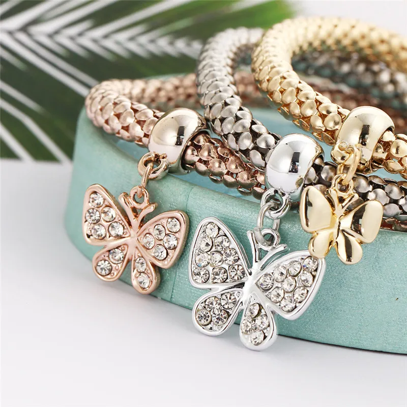 Korean alloy three-color set stretch popcorn corn chain set with butterfly pendant bracelet lady 
Korean alloy three-color set stretch popcorn corn chain set with butterfly pendant bracelet lady