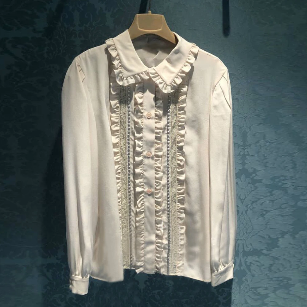 White Vertical Lace Patchwork Doll Collar Short Solid Color Blouse Single-Breasted Long Sleeves Shirt Fall Women Clothes 2021
White Vertical Lace Patchwork Doll Collar Short Solid Color Blouse Single-Breasted Long Sleeves Shirt Fall Women Clothes 2021