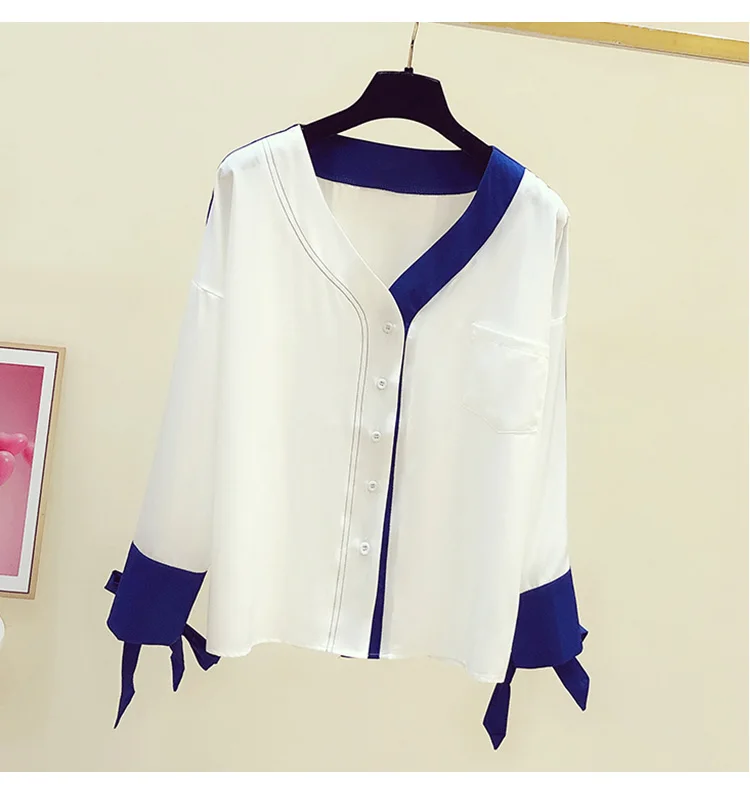Shirt Women's V-neck Blouse Long Sleeve Western Style 2021 Spring New Contrast Color Female Shirt Office Lady Tops Camisas Mujer
Shirt Women's V-neck Blouse Long Sleeve Western Style 2021 Spring New Contrast Color Female Shirt Office Lady Tops Camisas Mujer
