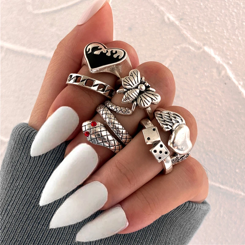 Vintage Silver Color Skull Heart Rings Set For Women Men Gothic Chain Retro 2021 Trend Fashion Jewelry | Украшения и аксессуары