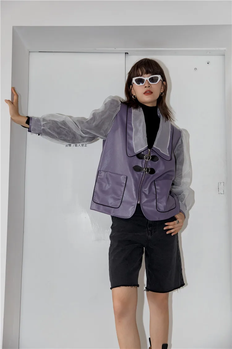 CHEERART Purple Puff Sleeve Woman Leather Jacket Designer Coat Mesh Fuax Leather Fashion Jacket Women Autumn Outerwear
CHEERART Purple Puff Sleeve Woman Leather Jacket Designer Coat Mesh Fuax Leather Fashion Jacket Women Autumn Outerwear