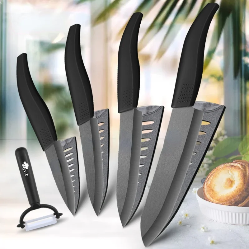 

Ceramic Knife 3 4 5 inch + 6 inch Kitchen Knives Serrated Bread Set +Peeler Zirconia Black Blade Fruit Chef Knife Vege Cook Tool
