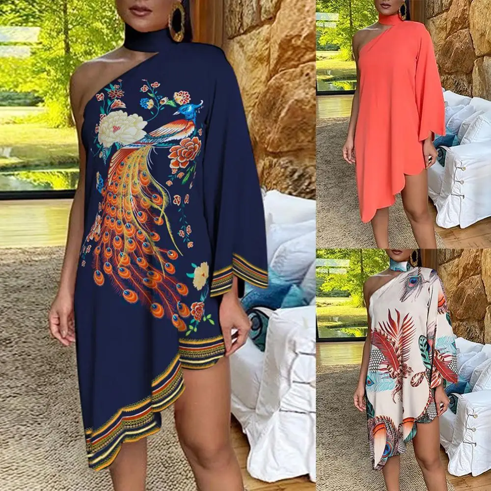 Hot Sales Women Fashion Choker Peacock Print One Shoulder Irregular Ruffled Hem Dress
Hot Sales Women Fashion Choker Peacock Print One Shoulder Irregular Ruffled Hem Dress