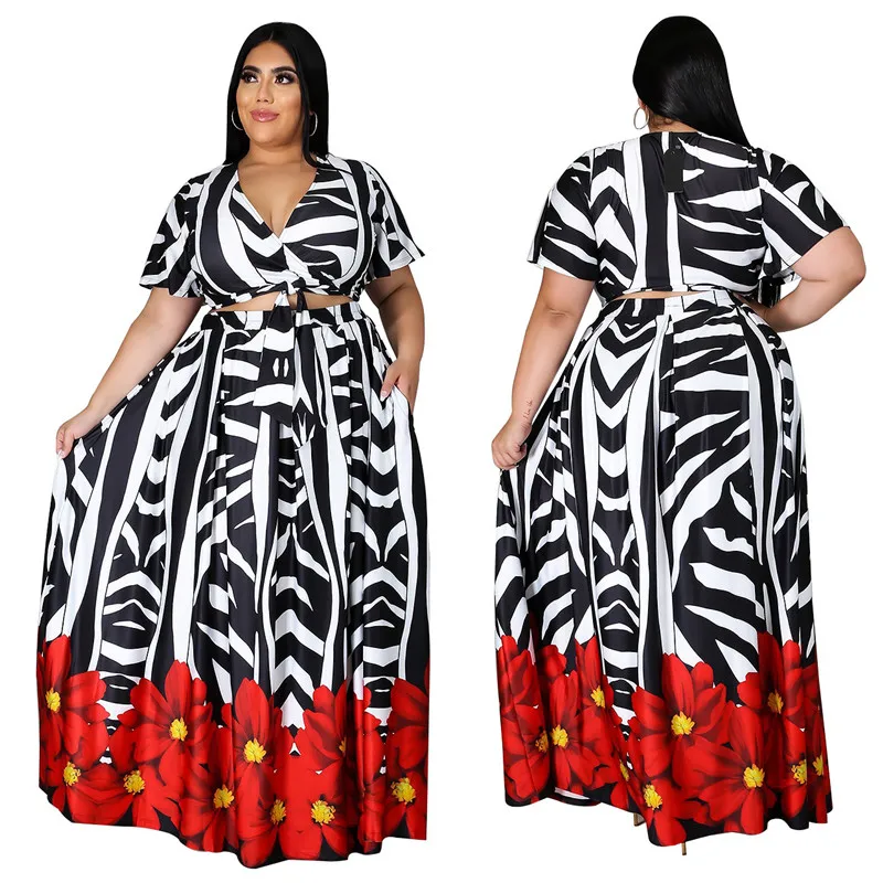 Women Plus Size XL-5XL Striped Floral Print V-neck Crop Top Big Swing Maxi Skirts Suit Two Piece Set Vintage Long Dress
Women Plus Size XL-5XL Striped Floral Print V-neck Crop Top Big Swing Maxi Skirts Suit Two Piece Set Vintage Long Dress