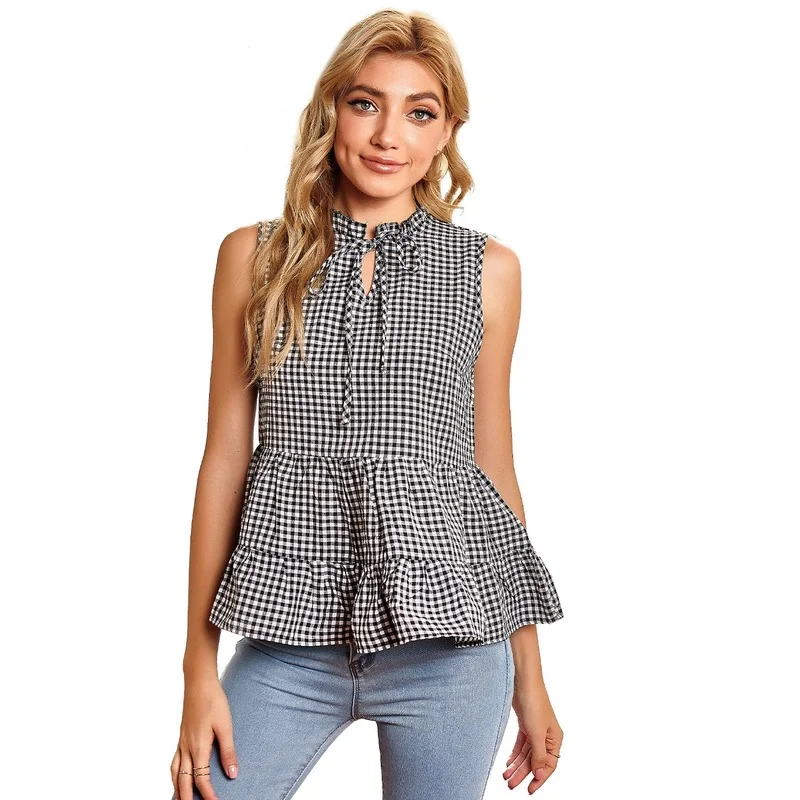 Summer New Felman Ruffled Gray Plaid Sleeveless Vest Shirt Women Lace Up Collar Women Ruffles Bottom Shirts Clothes Women
Summer New Felman Ruffled Gray Plaid Sleeveless Vest Shirt Women Lace Up Collar Women Ruffles Bottom Shirts Clothes Women