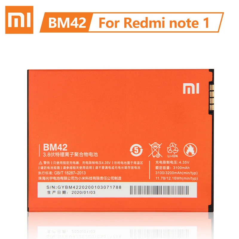 100% оригинальный сменный аккумулятор Xiaomi BM42 для Redmi Note Note1 3100 мАч большой емкости