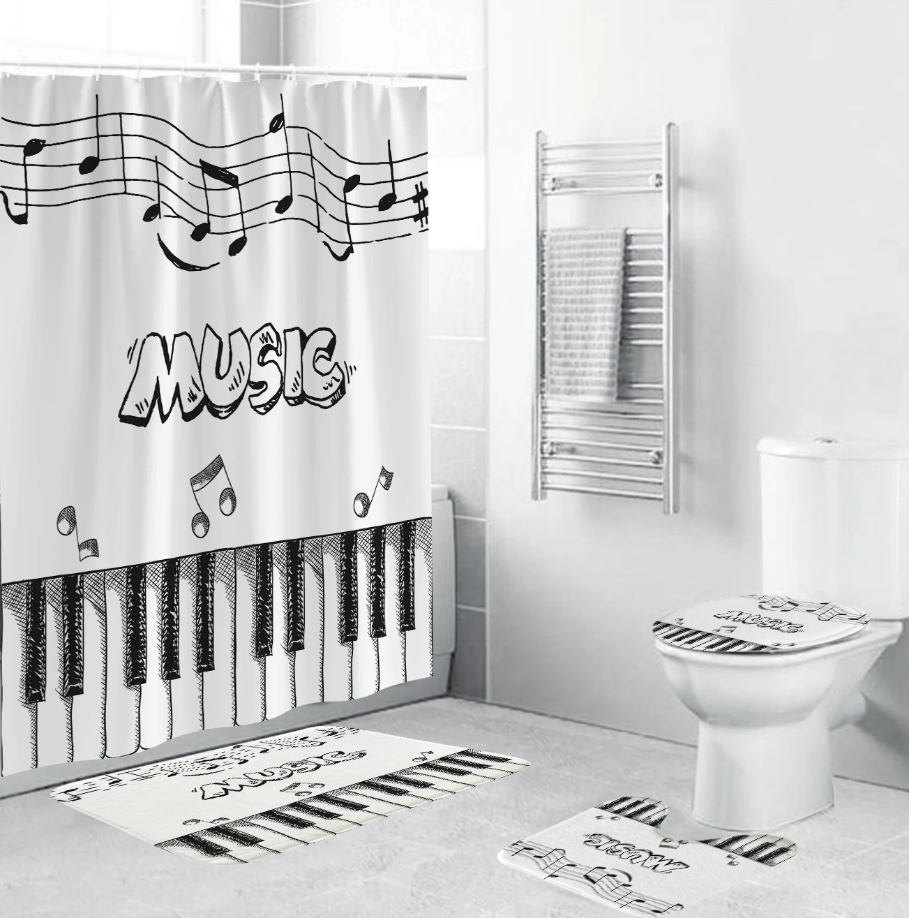 Piano Key Bathroom Curtain Set Sheet Music Shower Curtains with 12 Hooks Anti-skid Rugs Toilet Lid Cover Bath Mat Carpet
Piano Key Bathroom Curtain Set Sheet Music Shower Curtains with 12 Hooks Anti-skid Rugs Toilet Lid Cover Bath Mat Carpet