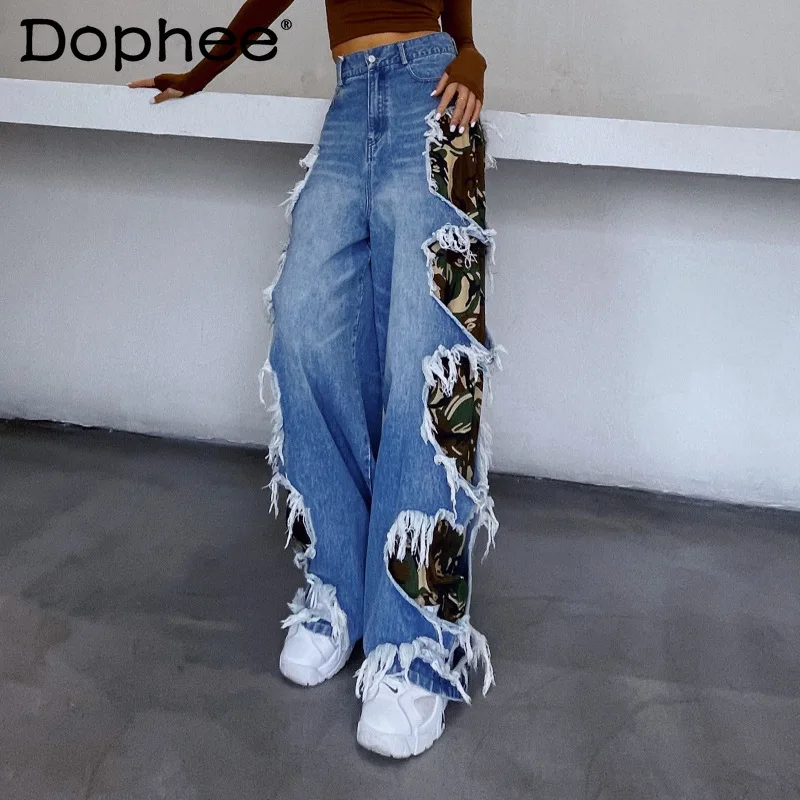 Fashion Camouflage Patchwork Long Wide Leg Jeans 2021 Fall Winter Trousers Raw Hem Ripped Irregular Heart Stitching Denim Pants
Fashion Camouflage Patchwork Long Wide Leg Jeans 2021 Fall Winter Trousers Raw Hem Ripped Irregular Heart Stitching Denim Pants