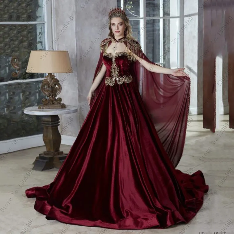 

Thinyfull Burgundy Caftan Evening Dresse With Cape Gold Beading Moroccan Prom Dress Party Gown Vestido De Festa