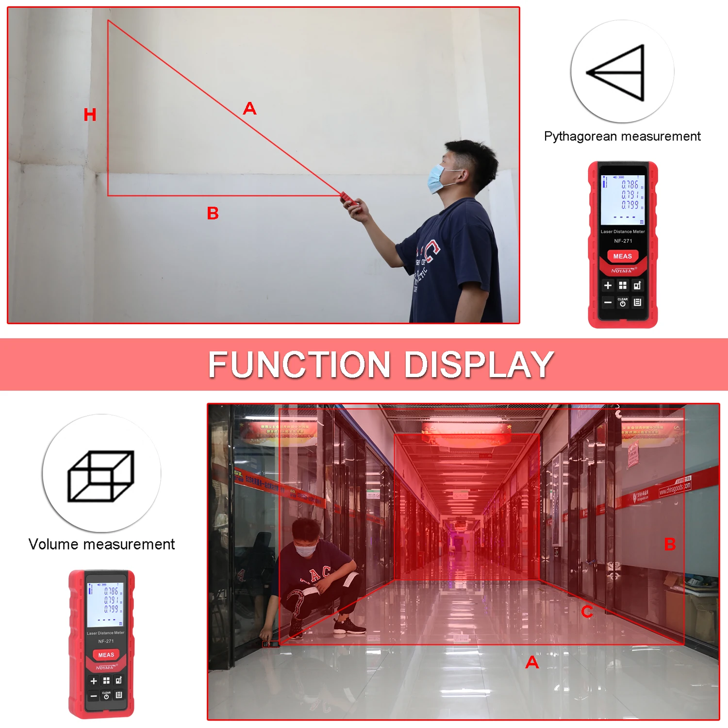 NF-271 70M Digital Distance Meter Support Distances Area Volume Pythagorean Measurement
NF-271 70M Digital Distance Meter Support Distances Area Volume Pythagorean Measurement