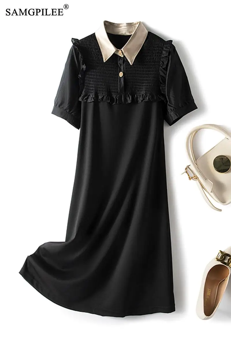 Summer Dresses For Women 2021 Office Lady A-line Patchwork Short Sleeve Shirring Knee-length Empire Polo Collar Woman Clothing
Summer Dresses For Women 2021 Office Lady A-line Patchwork Short Sleeve Shirring Knee-length Empire Polo Collar Woman Clothing