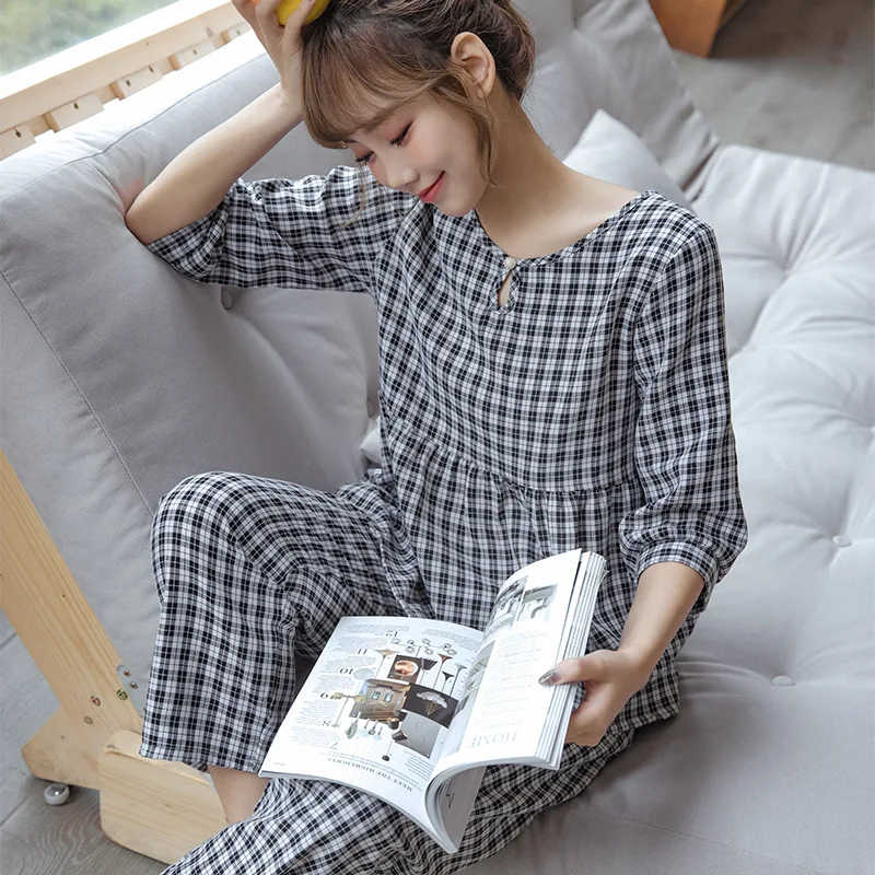 Women BluePlaid Pajamas Set Spring Summer 2PCS Sleepwear Cotton Soft Shirt&Pants Casual Pijamas Suit Loose Home Clothes
Women BluePlaid Pajamas Set Spring Summer 2PCS Sleepwear Cotton Soft Shirt&Pants Casual Pijamas Suit Loose Home Clothes