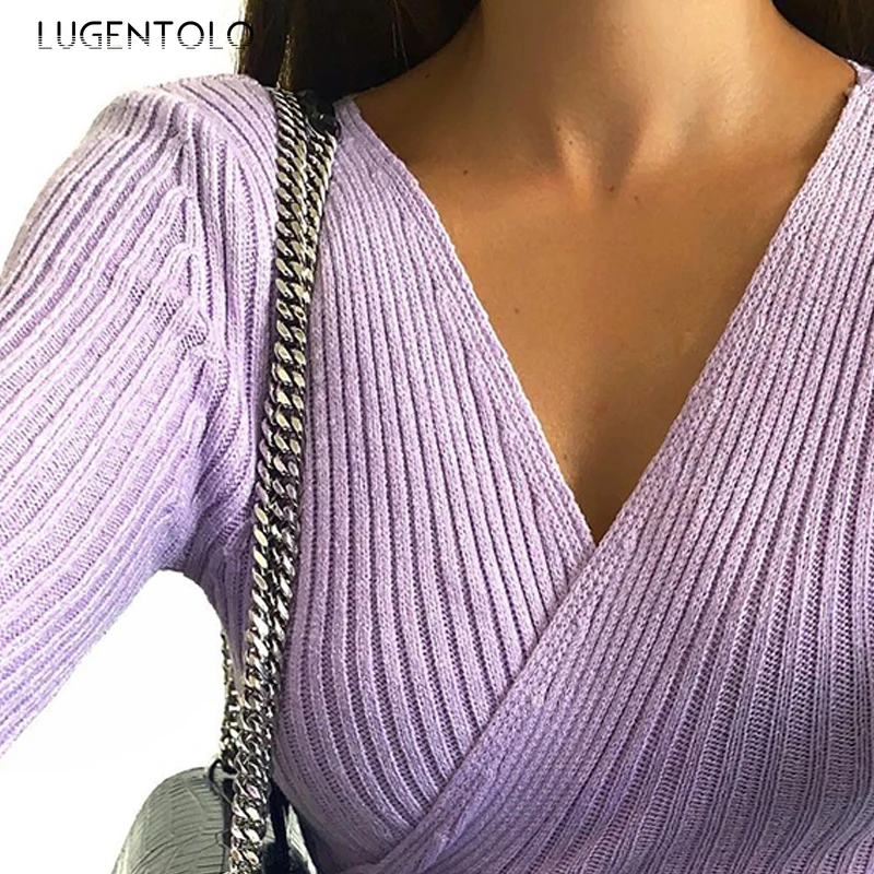 Lugentolo T-shirt Women Bandage Slim Top Solid Long Sleeve Tshirt Spring Autumn V-neck Knitted Tees Fashion Short T-shirts
Lugentolo T-shirt Women Bandage Slim Top Solid Long Sleeve Tshirt Spring Autumn V-neck Knitted Tees Fashion Short T-shirts