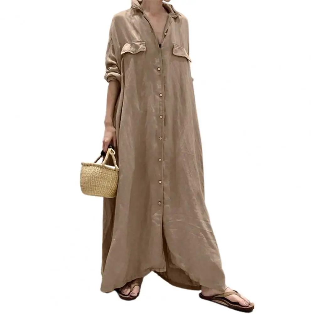 Women Loose Dress Single-breasted Solid Color Extra Long Turn-down Collar Pockets Ladies Autumn Spring Dresses
Women Loose Dress Single-breasted Solid Color Extra Long Turn-down Collar Pockets Ladies Autumn Spring Dresses
