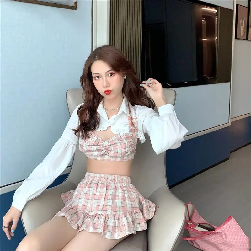 Korean High Waist Mini Elastic Skirt Fashion Summer Vacation Three-Piece Sets Sexy Short Ruffles Shirt Plaid Bow Suspender Outfi
Korean High Waist Mini Elastic Skirt Fashion Summer Vacation Three-Piece Sets Sexy Short Ruffles Shirt Plaid Bow Suspender Outfi