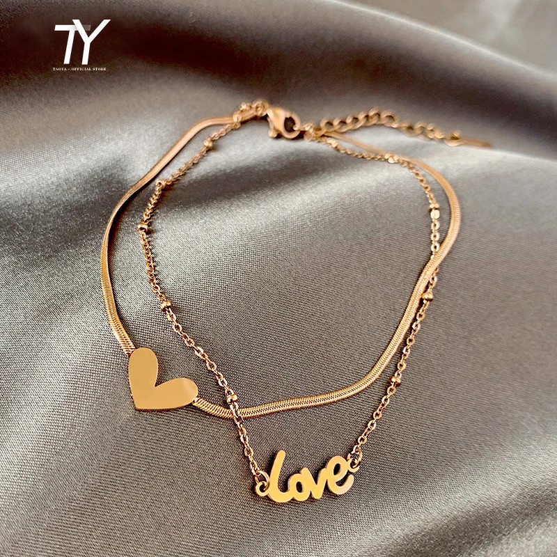 

Classic Love Letter Heart-Shaped Double-Layer Titanium Steel Anklets For Woman 2021 Korean Fashion Jewelry Does Not Fade Anklet