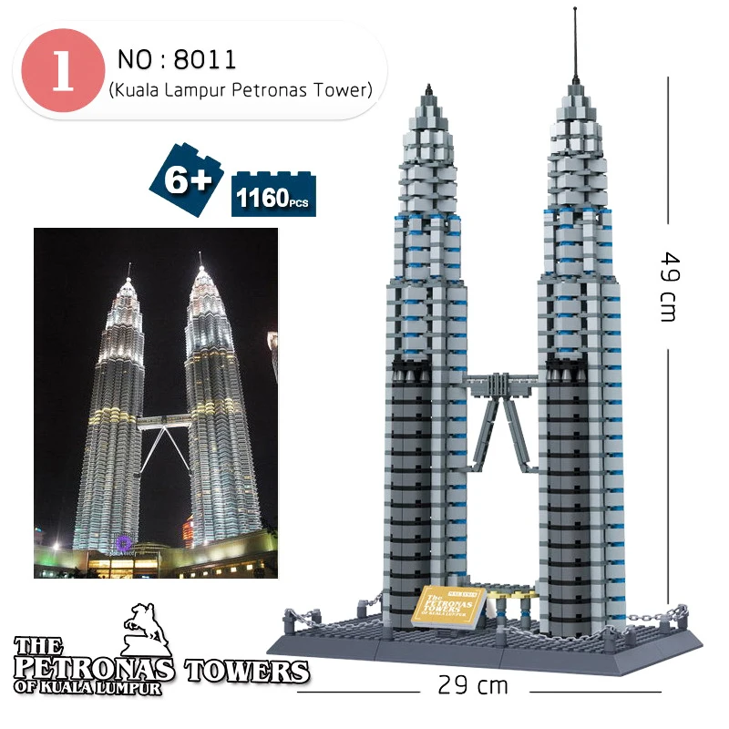 1160 PCS Wange 8011/5213 City Series Petronas Twin Tower Model Building Blocks Bricks Architecture Classic Toys for Children
1160 PCS Wange 8011/5213 City Series Petronas Twin Tower Model Building Blocks Bricks Architecture Classic Toys for Children