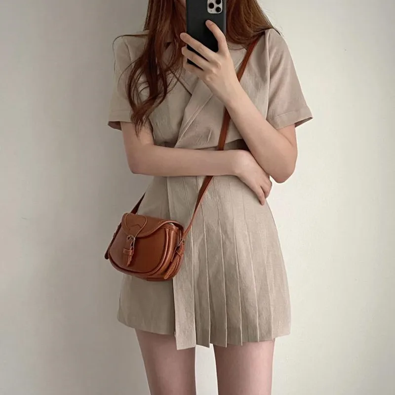 Summper Vintage Pleated Blazer Dress Women Korean Casual Polo Neck Ladies Dresses Elegant Woman Dress Vestidos
Summper Vintage Pleated Blazer Dress Women Korean Casual Polo Neck Ladies Dresses Elegant Woman Dress Vestidos