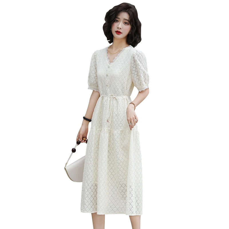 2021 summer Korean style short-sleeved dress V-neck waist waist temperament white slim dress female 
2021 summer Korean style short-sleeved dress V-neck waist waist temperament white slim dress female