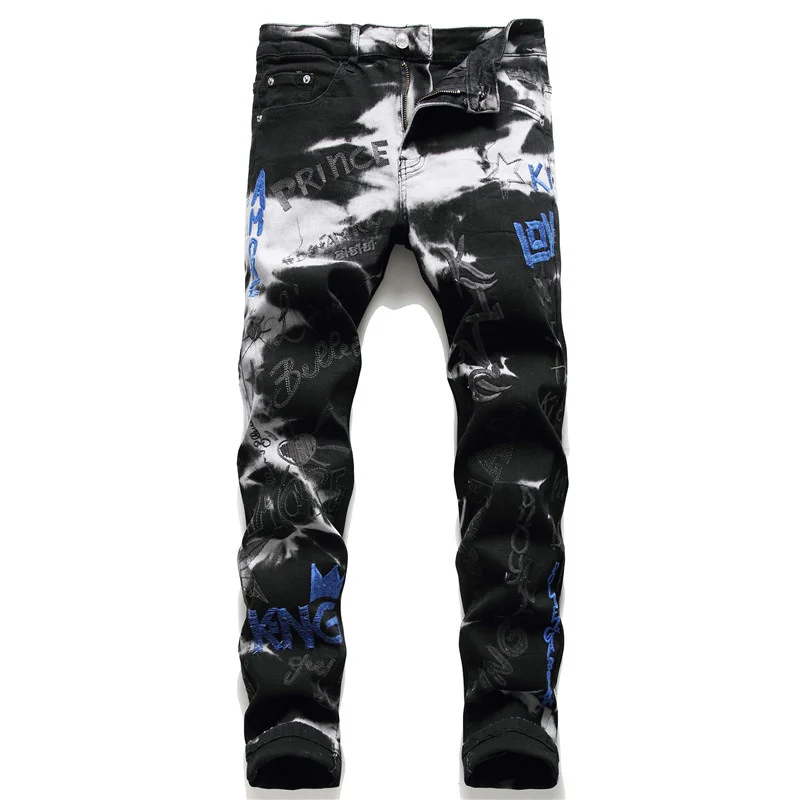 

Pantalones vaqueros con estampado bordado para hombre, Jeans ajustados de alta calidad para motorista, informales, cómodos de