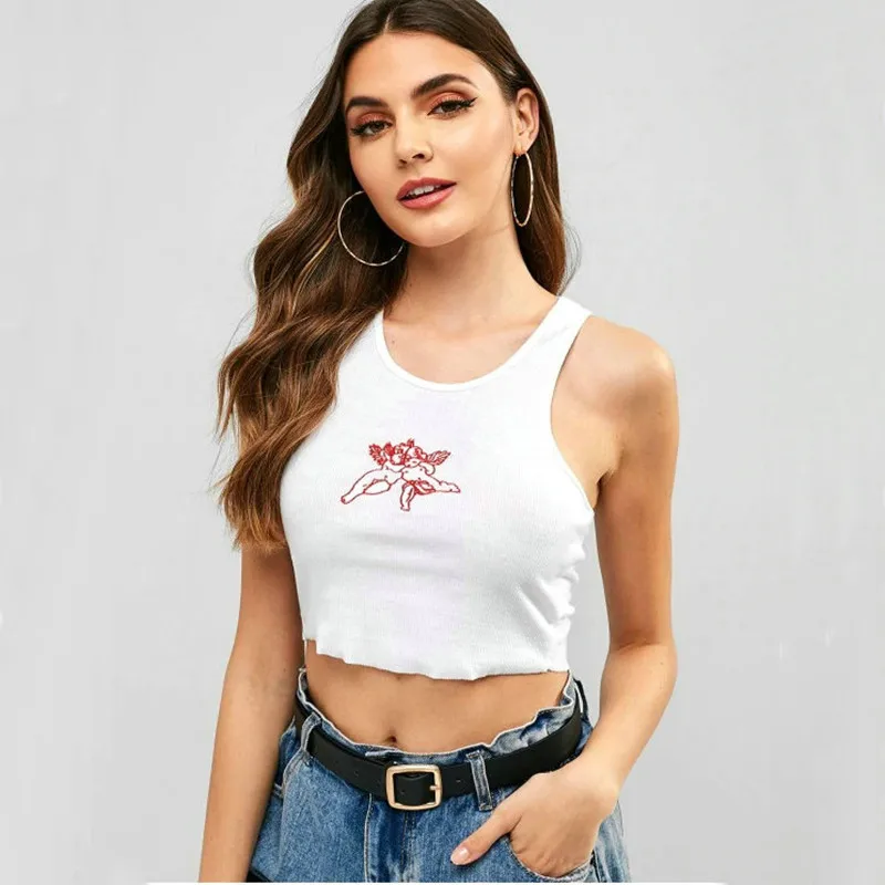 

2021 Summer New Cute Embroidered Self-cultivation Umbilical Short Section All-match Small Vest Women Casual Bottoming Street Top