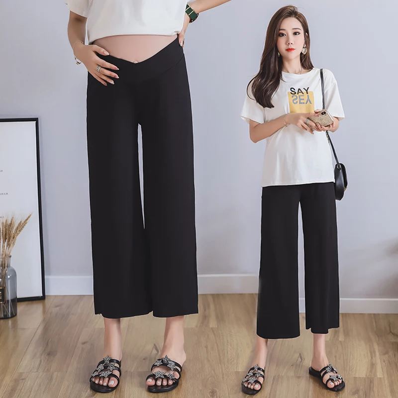 

9962# Summer Thin Ice Feel Cool Maternity Pants Low Waist Belly Wide Leg Loose Straight Clothes for Pregnant Women Pregnancy
