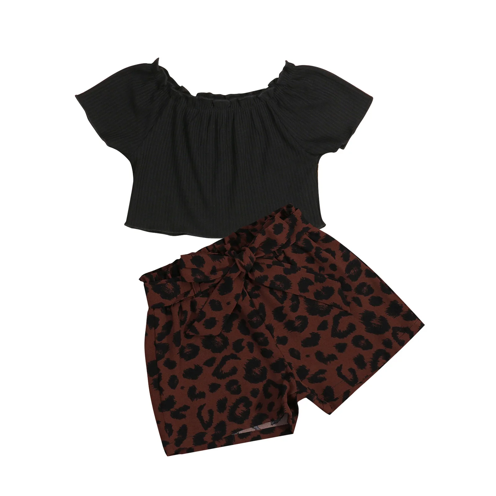 2 Pcs Baby Girl Casual Outfits, Off Shoulder Solid Color Short Sleeve Boat Neck T-shirt + Belted Leopard Shorts
2 Pcs Baby Girl Casual Outfits, Off Shoulder Solid Color Short Sleeve Boat Neck T-shirt + Belted Leopard Shorts