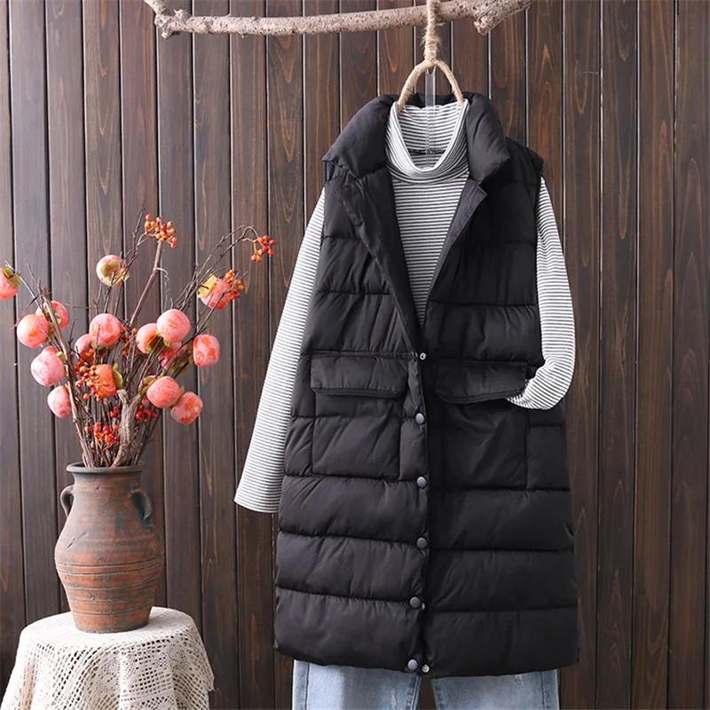 2022 Autumn Winter Mid-Length Black Cotton Vest Women Stand Collar Pocket Sleeveless Jacket Female Fashion Warm Waistcoat G1807
2022 Autumn Winter Mid-Length Black Cotton Vest Women Stand Collar Pocket Sleeveless Jacket Female Fashion Warm Waistcoat G1807