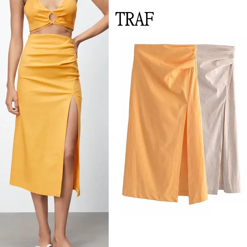 TRAF Women Skirt Summer Linen High Waist Ruched Skirt Midi Vintage Clothing Split Zipper Female Office Elegant Long Skirts
TRAF Women Skirt Summer Linen High Waist Ruched Skirt Midi Vintage Clothing Split Zipper Female Office Elegant Long Skirts