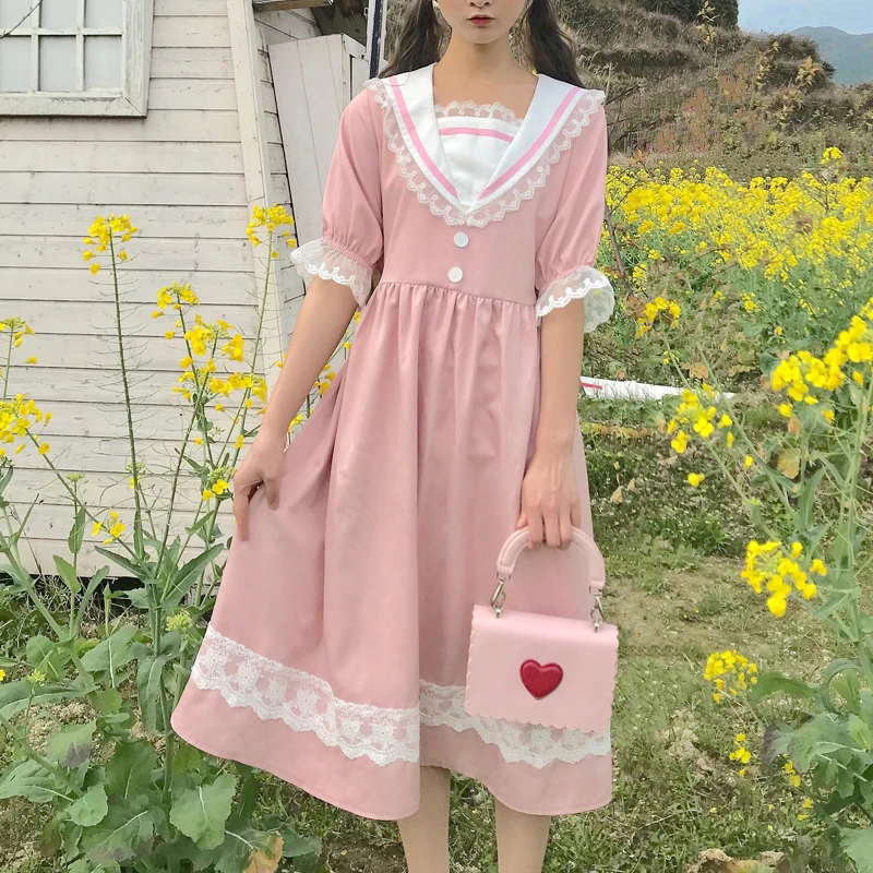2020 Summer College Lolita Style Dress Cute Sailor Collar Lace Vintage Pink Dresses Sweet Girls Preppy Short Sleeve Woman Dress
2020 Summer College Lolita Style Dress Cute Sailor Collar Lace Vintage Pink Dresses Sweet Girls Preppy Short Sleeve Woman Dress