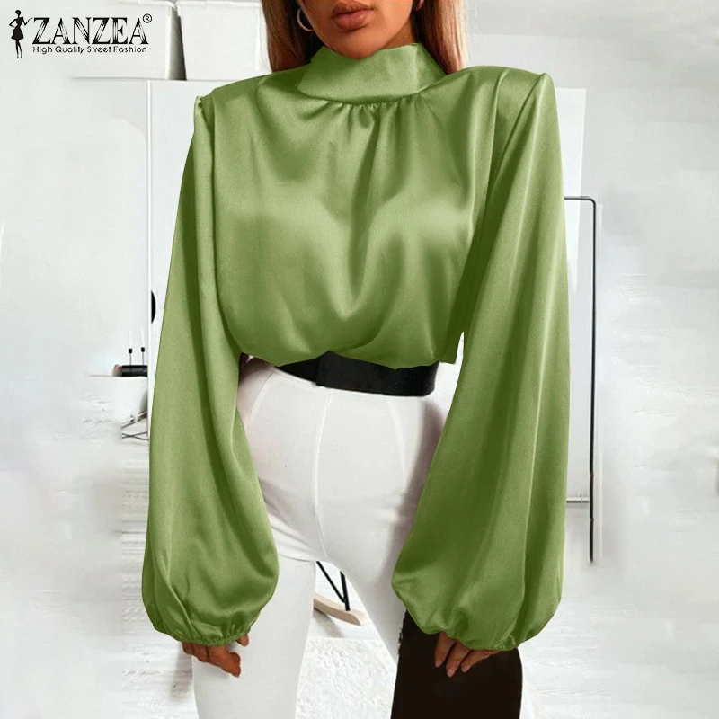 

ZANZEA Fashion Tops Womens Solid Satin Office Blouse 2022 Autumn Turtleneck Elegant Blusa Lady Party Long Sleeve Tunic Oversize