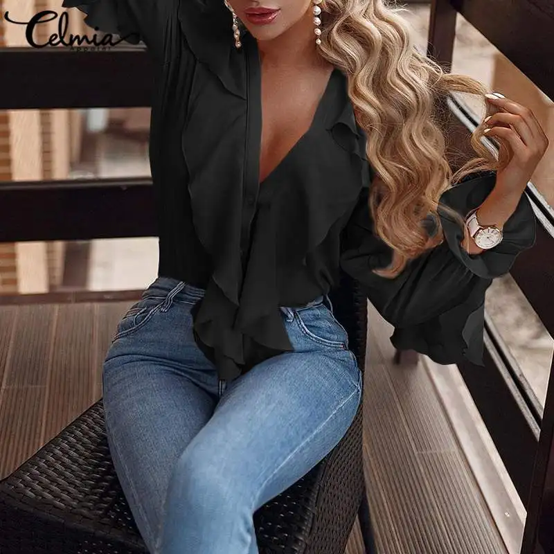 Elegant Long Flare Sleeve Tunic Fashion Women Ruffled Tops Celmia 2021 Sexy V-neck Summer Shirts Casual Loose Solid Blouses
Elegant Long Flare Sleeve Tunic Fashion Women Ruffled Tops Celmia 2021 Sexy V-neck Summer Shirts Casual Loose Solid Blouses