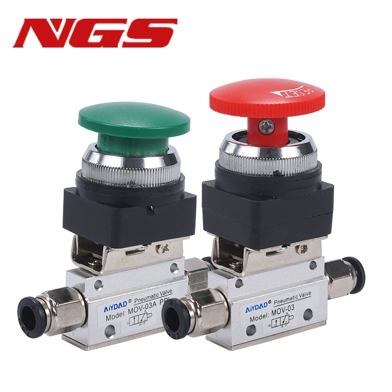 

MOV-03 1/8" PT Thread Mushroom Cap Emergency Stop Button Self Lock 2 Position 3 Way Air Pneumatic Mechanical Valve w Fitting