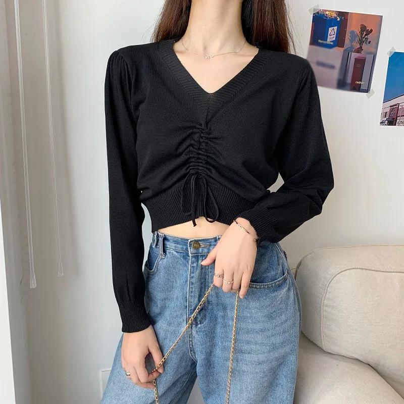 Knitted V Neck Drawstring Women Short Pullovers Solid Long Sleeve Lady Sweet Crop Tops 2020 Autumn Female Knitwear Jumpers
Knitted V Neck Drawstring Women Short Pullovers Solid Long Sleeve Lady Sweet Crop Tops 2020 Autumn Female Knitwear Jumpers