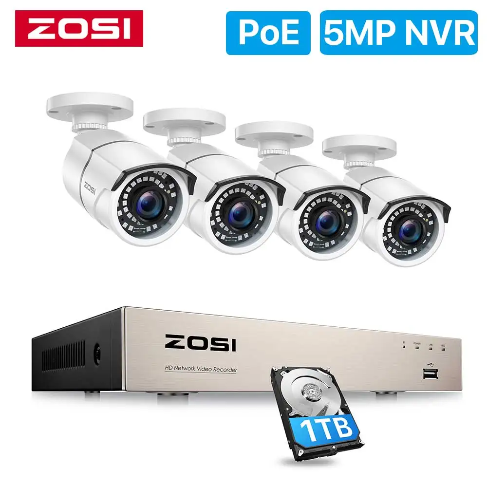 

ZOSI 8CH H.265 NVR 5MP IP Network POE Video Record 4pcs 1080p IR Outdoor CCTV Security Camera System Home video Surveillance kit