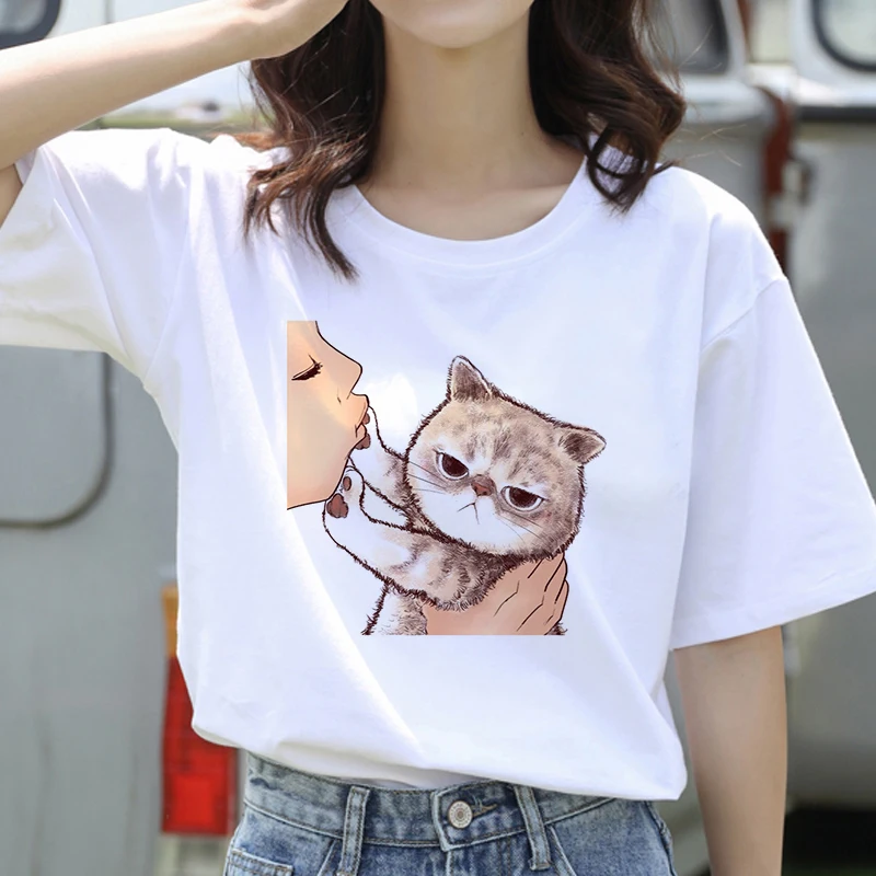Повседневные футболки с принтом Kiss a Cat для девочек корейские стильные белые
