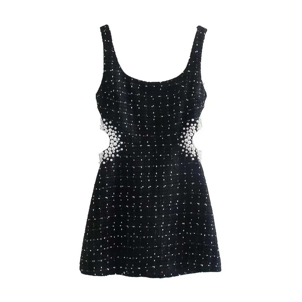 Women Fashion With Pearl Beads Hollow Out Tweed Mini Dress Vintage Backless Zipper Wide Straps Female Dresses Vestidos
Women Fashion With Pearl Beads Hollow Out Tweed Mini Dress Vintage Backless Zipper Wide Straps Female Dresses Vestidos