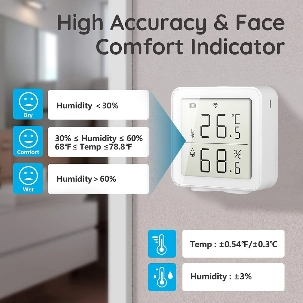 WiFi Temperature Humidity Sensor for Smart Home Indoor Hygrometer Thermometer with LCD Display Intelligent Linkage
WiFi Temperature Humidity Sensor for Smart Home Indoor Hygrometer Thermometer with LCD Display Intelligent Linkage