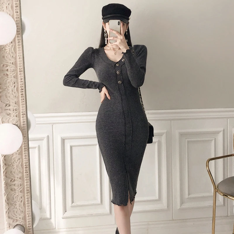 Winter Vintage Knitted Dress Women Elegant New Chic Sweater Dresses For Female Sexy V-Neck Gray Vestido Da Festa Autumn
Winter Vintage Knitted Dress Women Elegant New Chic Sweater Dresses For Female Sexy V-Neck Gray Vestido Da Festa Autumn
