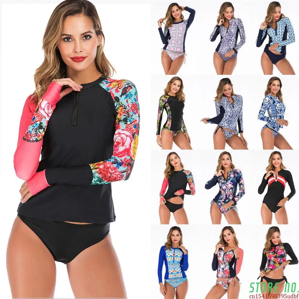 Rashguard Women Long Sleeve Swimsuit Sun Protection Rash Guard Zipper SwimwearTwo Piece Print Surf Shirt Top Triangle Bottom 
Rashguard Women Long Sleeve Swimsuit Sun Protection Rash Guard Zipper SwimwearTwo Piece Print Surf Shirt Top Triangle Bottom