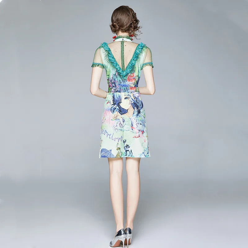 Fashion ladies temperament summer new green print palace style small sexy slim slim dress 
Fashion ladies temperament summer new green print palace style small sexy slim slim dress