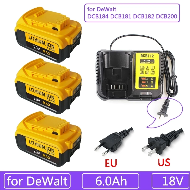 New 18V 6.0Ah MAX XR 18650 Battery Power Tool Replacement for DeWalt DCB184 DCB181 DCB182 DCB200 20V 6A 18v Battery With Charger
New 18V 6.0Ah MAX XR 18650 Battery Power Tool Replacement for DeWalt DCB184 DCB181 DCB182 DCB200 20V 6A 18v Battery With Charger