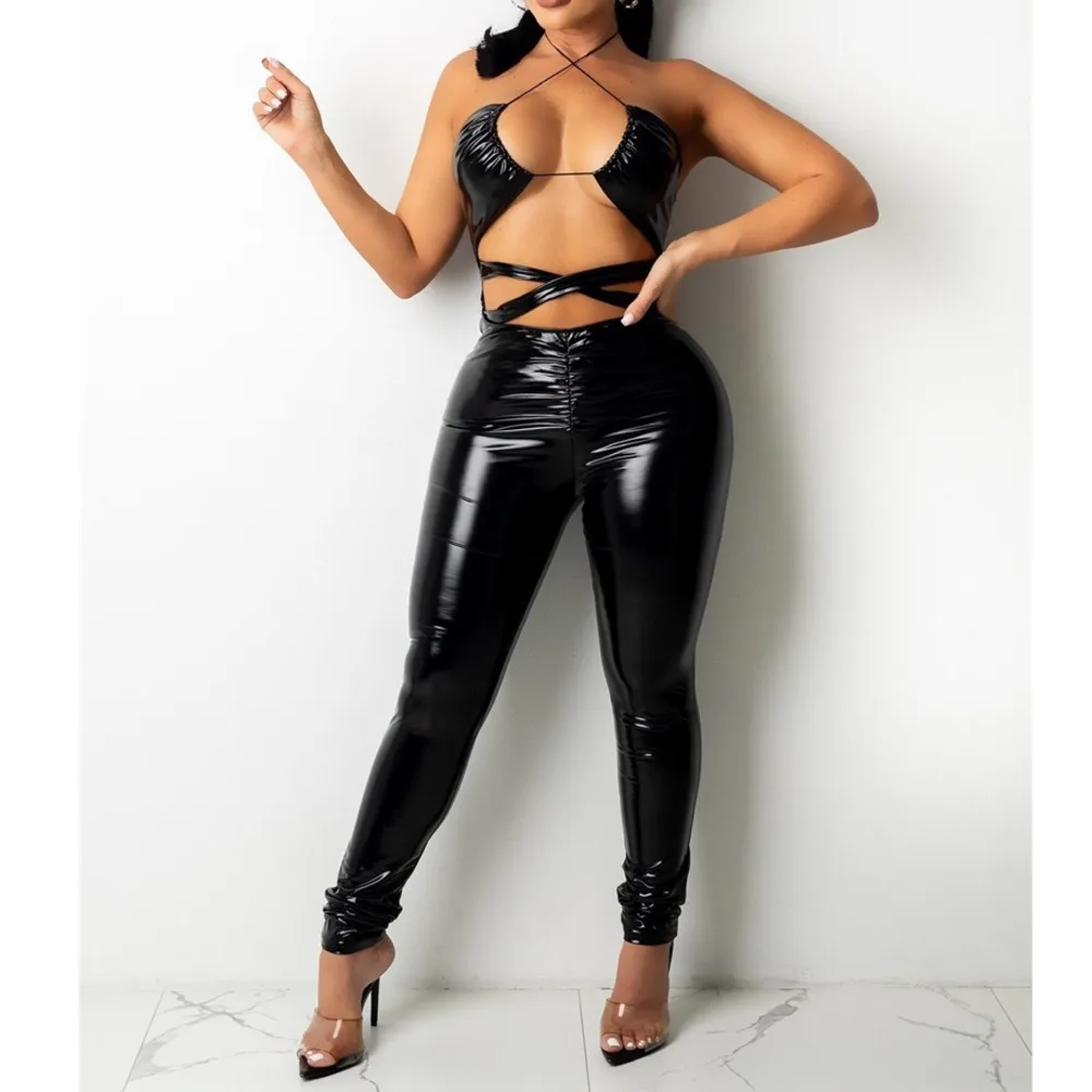 Lace Up Faux Pu Leather Two Piece Set Women Halter Bra Ruched Wiast Trouser Co-Ord Outfit Sexy Club Backless Clothes
Lace Up Faux Pu Leather Two Piece Set Women Halter Bra Ruched Wiast Trouser Co-Ord Outfit Sexy Club Backless Clothes