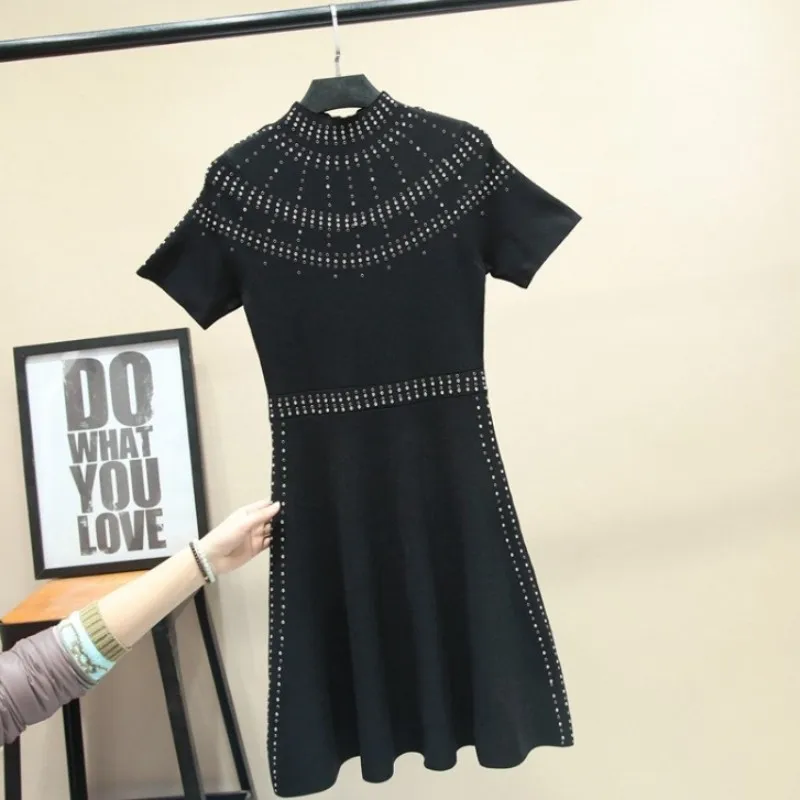 France Elegant Ladies Short Sleeve Turtleneck Knitted Dress Women Slim Fit Party Mini Length Rivets Dress Classic Black Dresses
France Elegant Ladies Short Sleeve Turtleneck Knitted Dress Women Slim Fit Party Mini Length Rivets Dress Classic Black Dresses