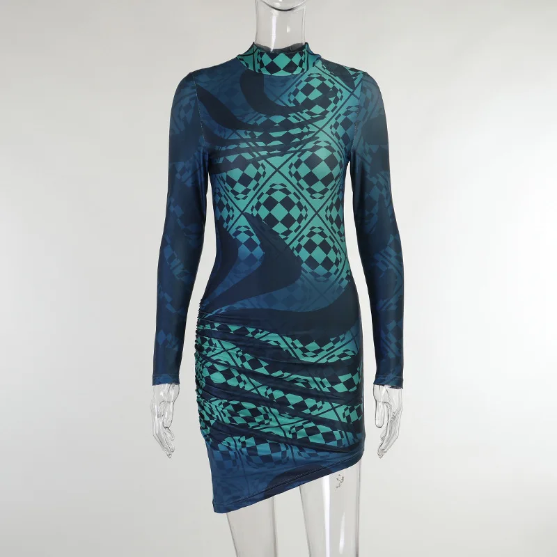 Fashion Geometric Print Asymmetrical Dress Mock Neck Long Sleeve Bodycon Dress Autumn Winter Sexy Short Dress
Fashion Geometric Print Asymmetrical Dress Mock Neck Long Sleeve Bodycon Dress Autumn Winter Sexy Short Dress