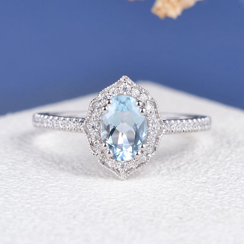 CxsJeremy Аквамарин Овальной Огранки 5*7 мм и Moissanite обручальное кольцо 14 к БЕЛОЕ ЗОЛОТО