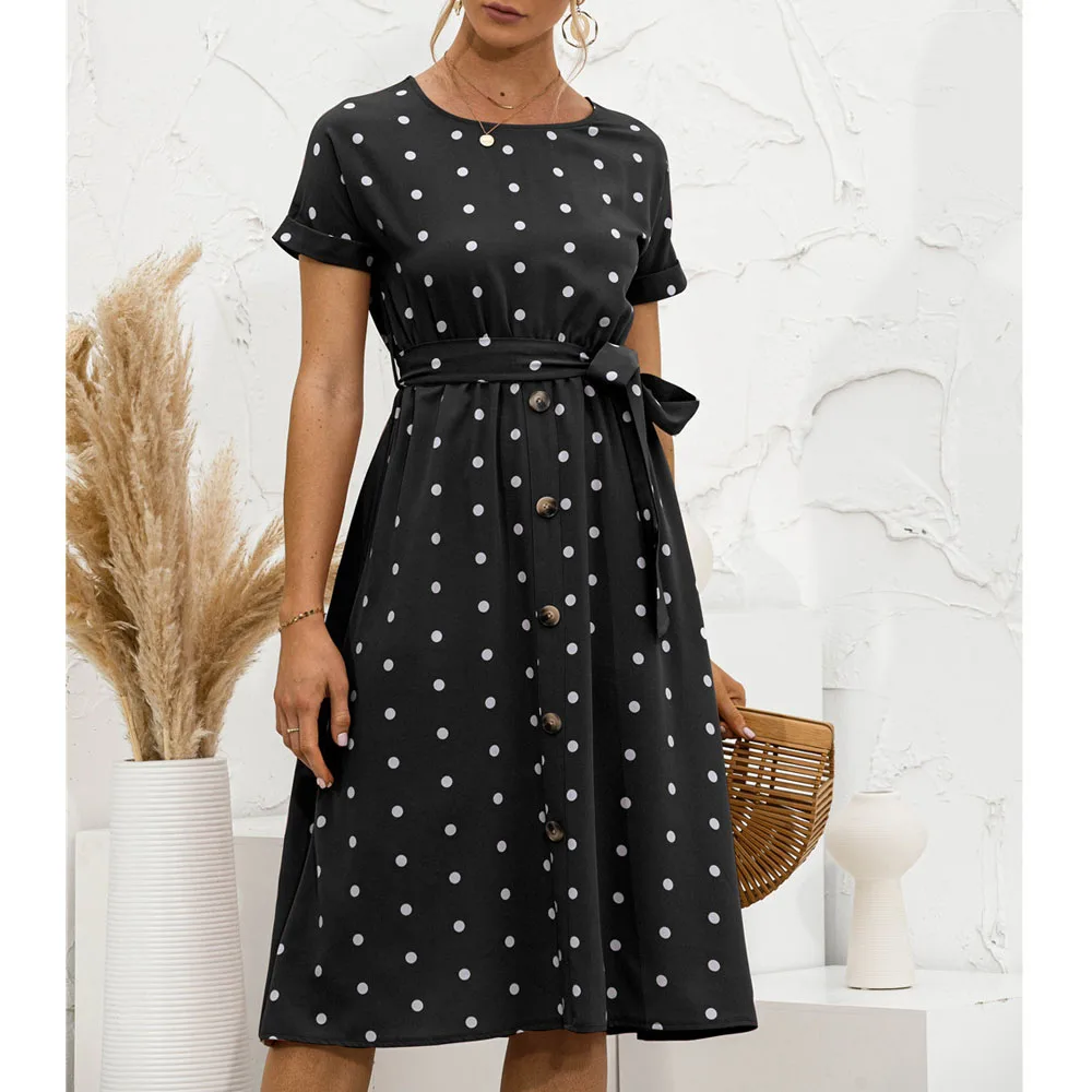 2021 Hot Sales Casual Dress Polka Dot Print Women Summer O Neck Button Sashes Short Sleeve Madi Dresses Boho Beach Streetwear
2021 Hot Sales Casual Dress Polka Dot Print Women Summer O Neck Button Sashes Short Sleeve Madi Dresses Boho Beach Streetwear
