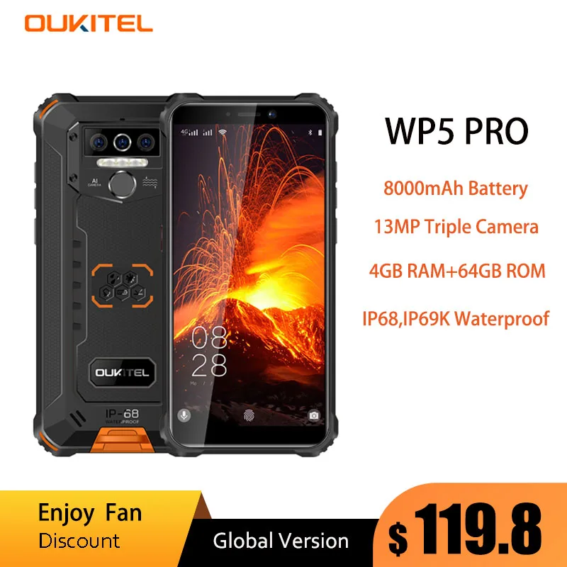 

Смартфон OUKITEL WP5 Pro защищенный, IP68, 4 + 64 ГБ, 8000 мА · ч, 5,5 дюйма, HD +, 8 ядер, Android 10, тройная камера 13 МП